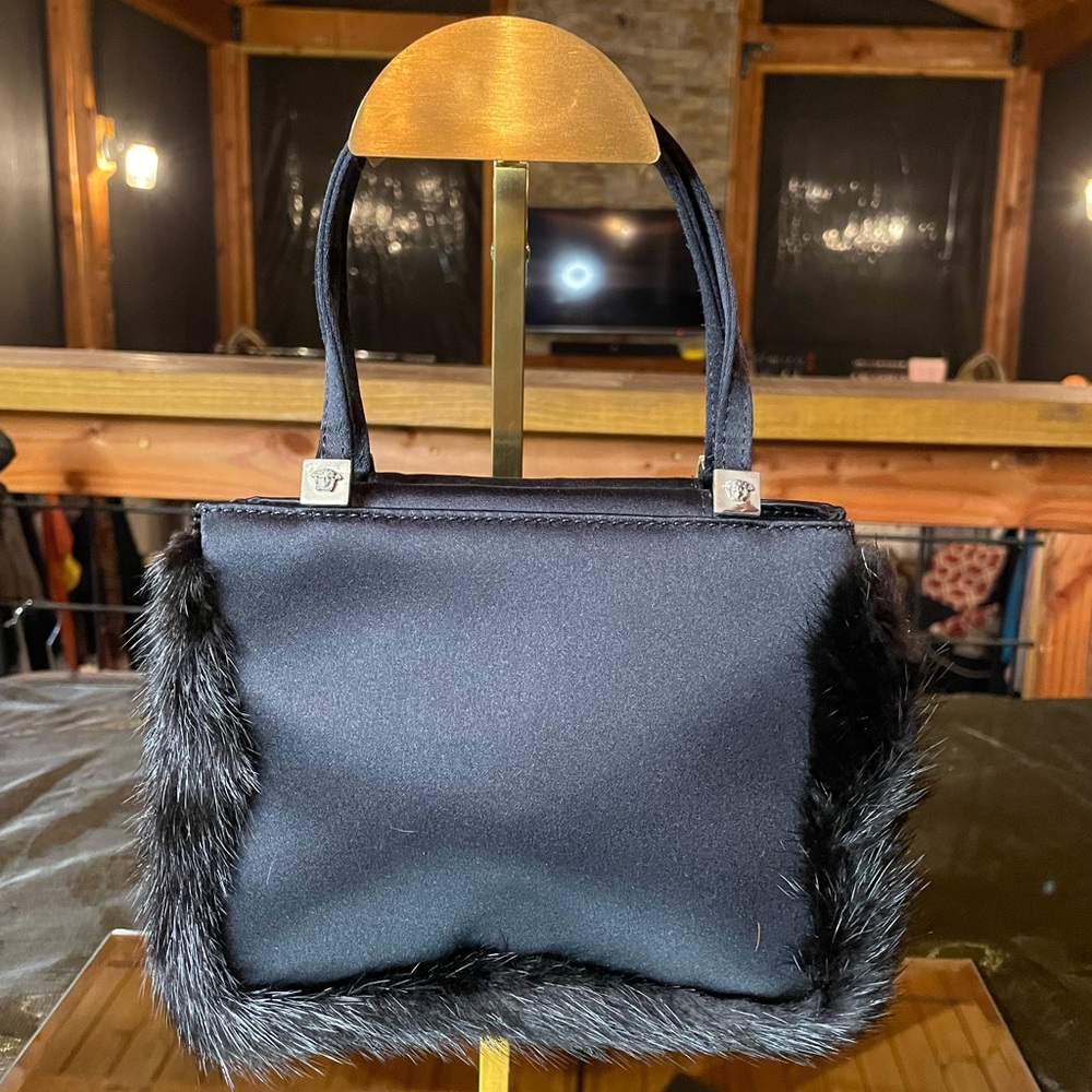 Like New! Versace satin & fur bag with dusty & the original paperwork incl tag